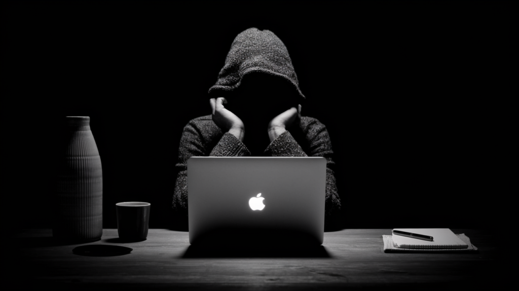 Im Bild zu sehen, ist Jordan vor einem MacBook mit dem leuchtenden Apfel. Zu sehen ist außerdem ein Schreibtisch mit einer Tasse und Schreibutensilien. Das Gesicht ist nicht erkennbar.
